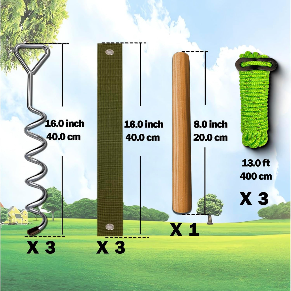 Heavy Duty Tree Stake Set - 16" Straightening Kit Spiral Metal Stakes & Double-Layer Straps Bold Antirust Tree Supports &Fast Rotating Rod Tent Anchoring Stakes