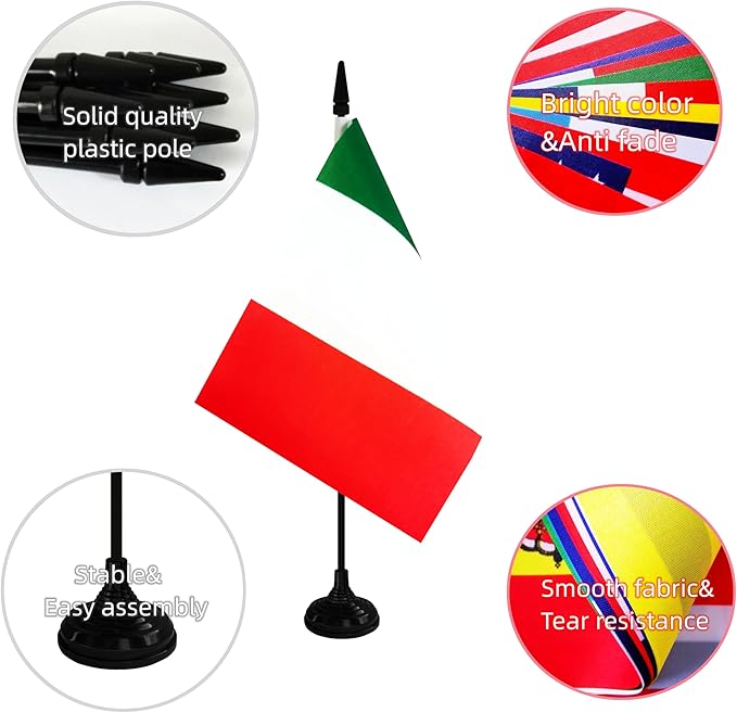 Italy Desk Flag, 12 Pack Italian Table Office Flag with Black Solid Pole and Stand Base, International Country Flag, Festival Celebration, Classroom Meeting Desktop Decor (Italy)