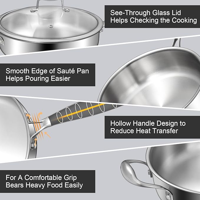 EWFEN 12 Inch Tri-Ply Stainless Steel Frying Pan, 5-Quart Deep Saute Pan with lids, PFOA&PTFE Free Skillet, Induction Cooking Pan, Dishwasher&Oven Safe,Works on All Cooktops