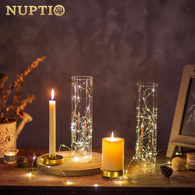 NUPTIO Hurricane Glass Candle Holders: 6 Pcs Gold Metal Taper Candlesticks Holder with 11.81 inch Long Clear Bottomless Cylinder Cover Stands for Wedding Anniversary Bridal Shower Table Centerpiece