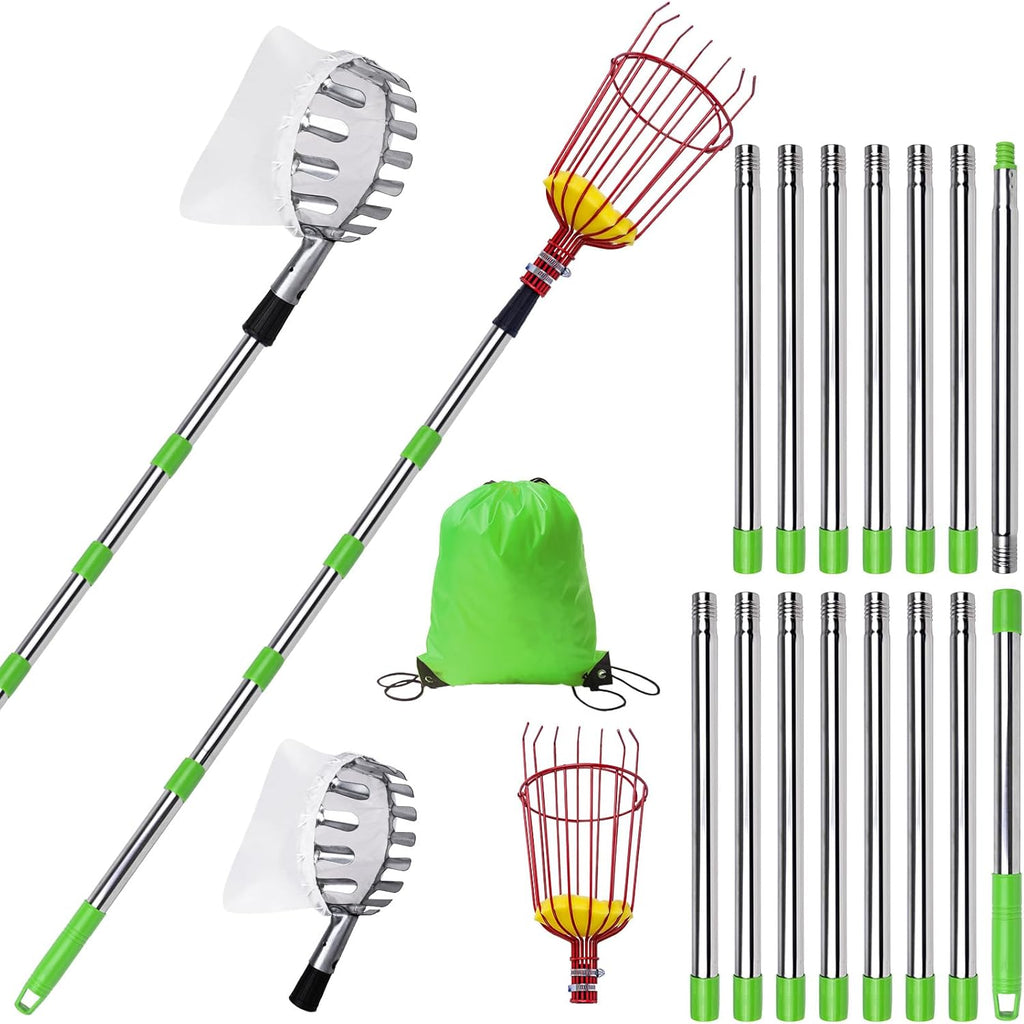 20 Ft Fruit Picker with Wire Basket and Bag Basket,Adjustable Stainless Steel Fruit Picker Pole with Universal Thread Head,35-243 Inch,Pick Fruit Tool,Suitable for Picking Apples,Mangoes and Others