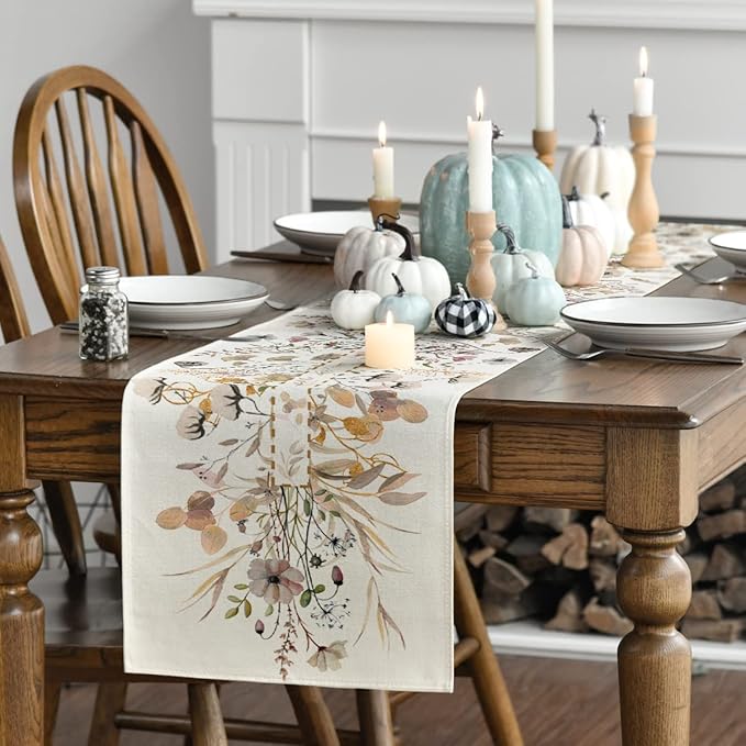 Artoid Mode Wildflower Leaves Floral Fall Table Runner, Autumn Thanksgiving Kitchen Dining Table Decoration for Indoor Outdoor Home Party 13x36 Inch