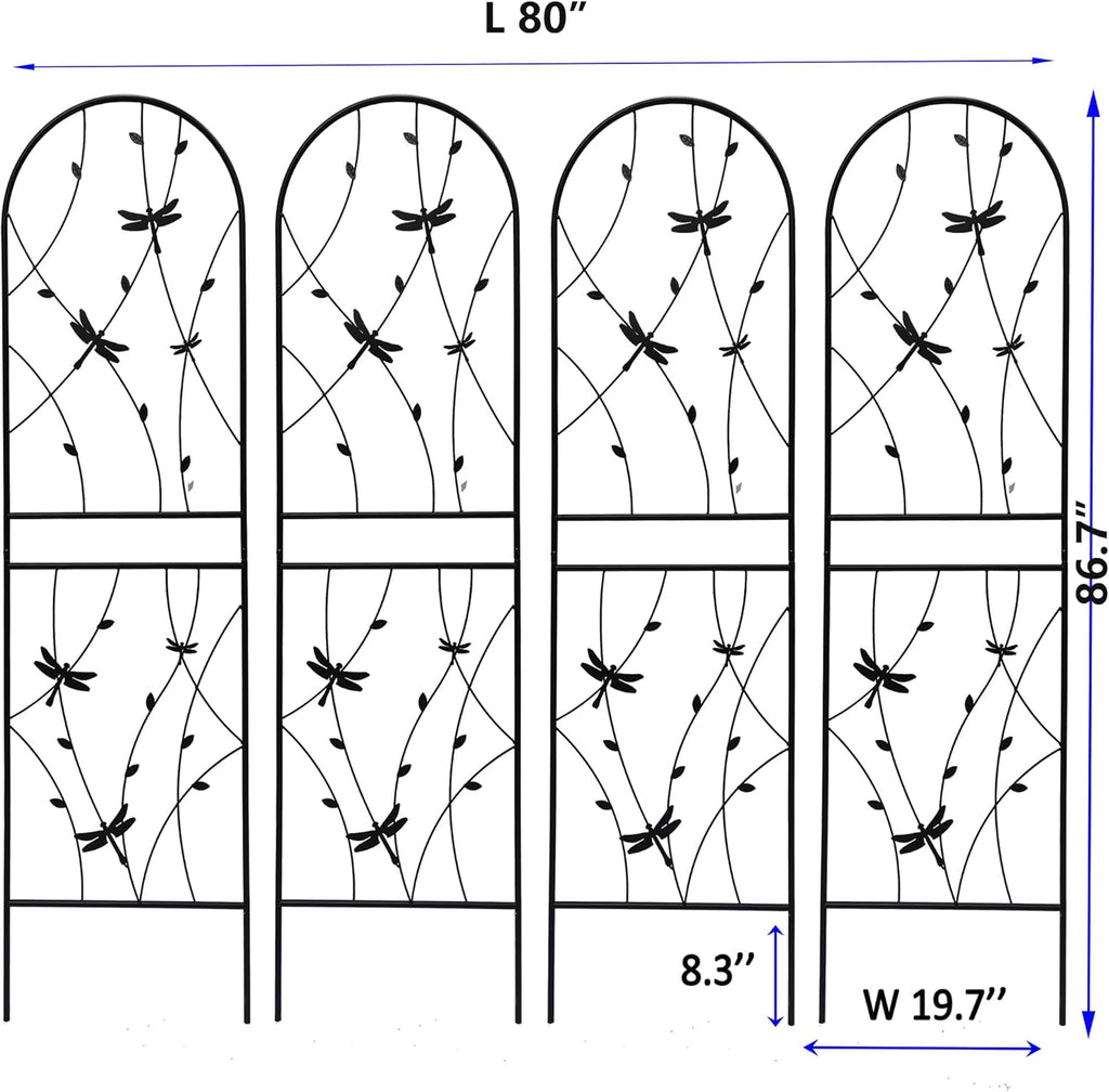 4 Pack Metal Garden Trellis 86.7" Tall Outdoor Climbing Plant Support for Roses, Flowers, Rustproof Durable Black Galvanized Tube, Lawn Garden Fence Decor Screen (4, Black dragonflies-86.7" H)