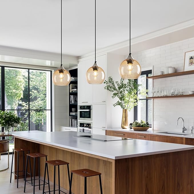 Light Brown Glass Pendant Lights Kitchen Island Globe Pendant Light Fixtures Modern Pendant Lighting for Bedroom Living Dining Room Light Fixture (5.9 in, 2 Pack)