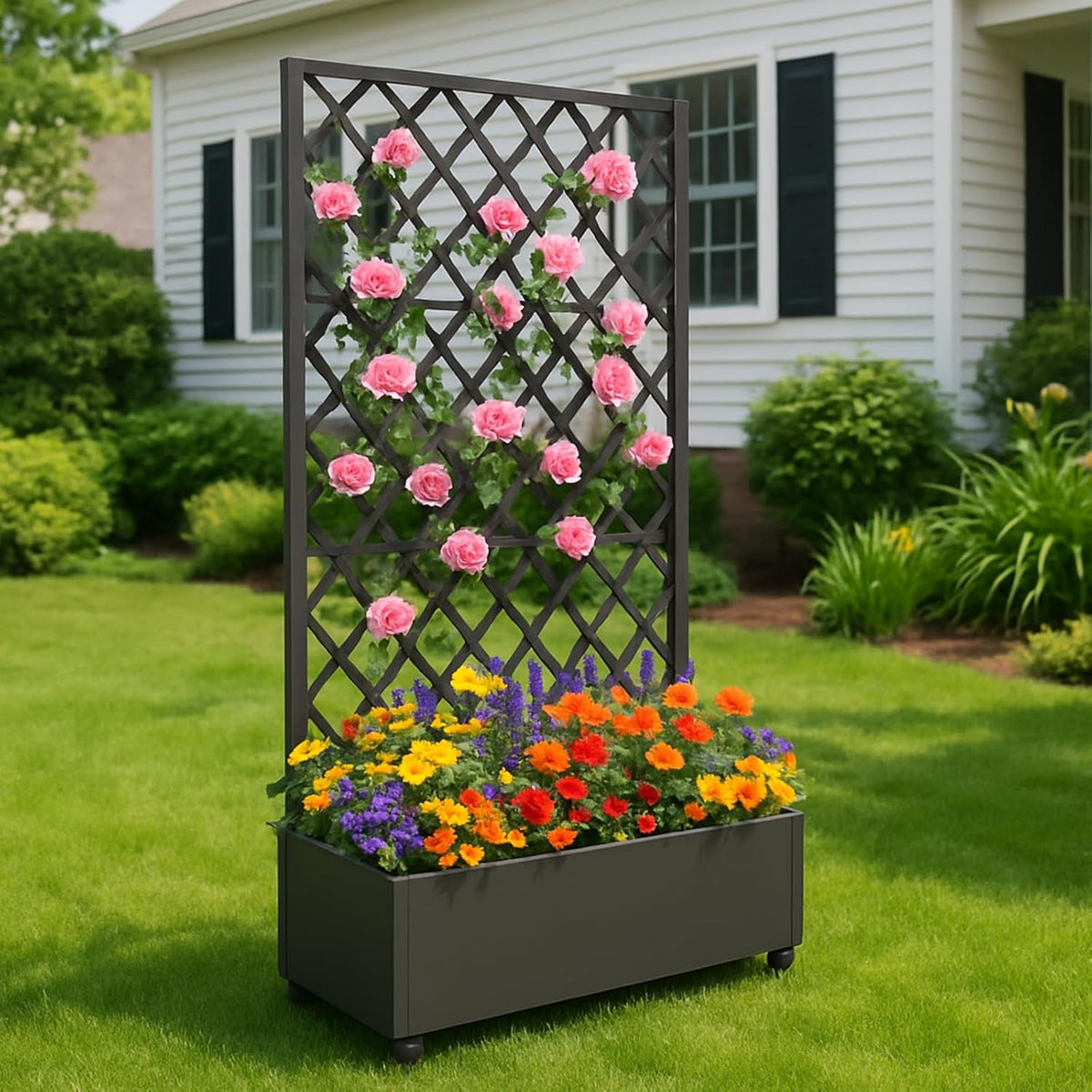 GarveeLife Metal Planter Box, with Diamond Lattice Trellis Planter Box, for Climbing Plants and Vines, Galvanized Raised Garden Bed on Wheels, Garden Bed with Trellis(72 in x35 in Black)
