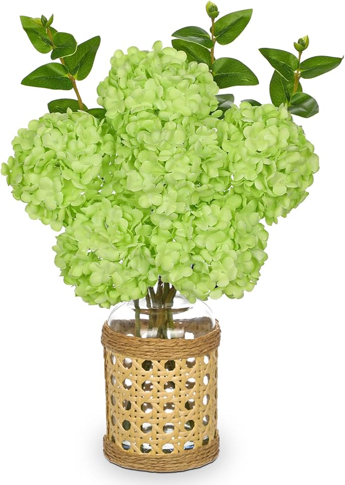 Hollyone Green Hydrangea Artificial Flowers in Woven Glass Vase with Faux Water Silk Hydrangeas Fake Flowers Floral Arrangement for Home Indoor Bathroom Kitchen Office Table Centerpiece Shelf Decor