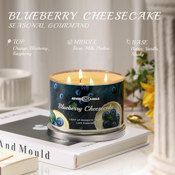 Soy Wax Blend Candle for Home, 4-Wick Candles in Blueberry Cheesecake Scented, Aromatherapy Candles Gift for Parties, Relaxing, Over 50 Hours of Burn Time, 18oz