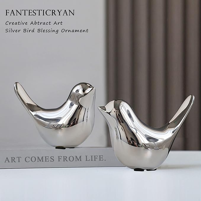 FANTESTICRYAN Small Birds Statues Gold Home Decor Modern Style Figurine Decorative Ornaments for Living Room, Bedroom, Office Desktop, Cabinets (M&L, Silver)