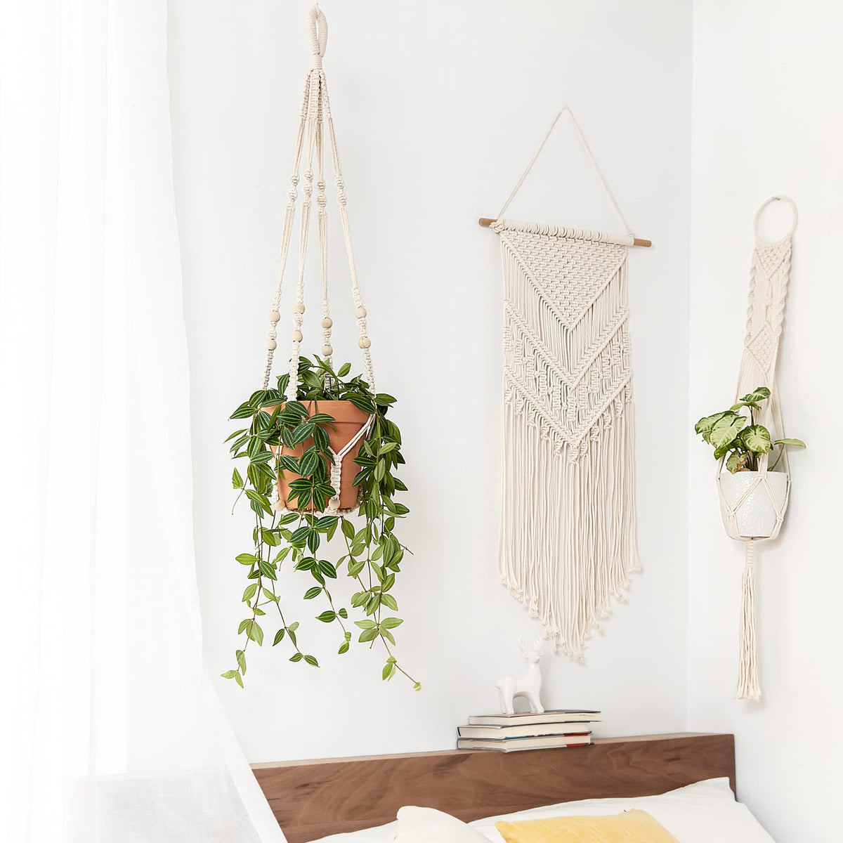Mkono Macrame Plant Hanger Indoor 35 Inch Hanging Planter Basket Ivory 1Pc