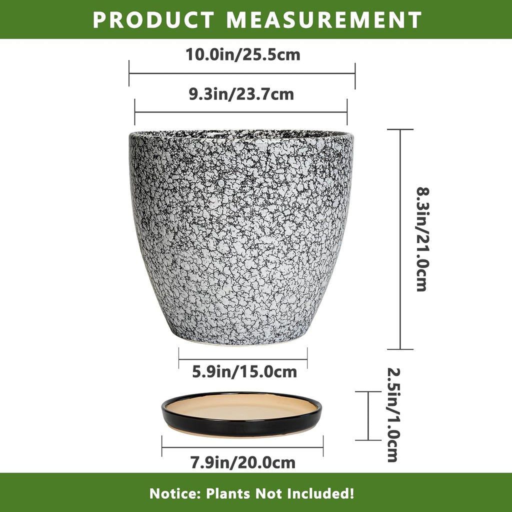 10 Inch Plant Pot - Ceramic Planter for Indoor Outdoor, Round Large Plant Pots, Modern Planter with Drainage Hole and Tray, Home Room Office Garden Decor, Gifts for Women Men, White-Black