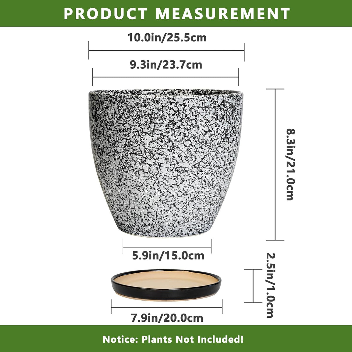 10 Inch Plant Pot - Ceramic Planter for Indoor Outdoor, Round Large Plant Pots, Modern Planter with Drainage Hole and Tray, Home Room Office Garden Decor, Gifts for Women Men, White-Black