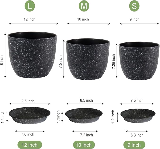 Large Flower Pots 12/10/9 inch, Set of 3 Modern Decorative Plastic Planters with Drainage Holes and Saucers for Garden House Plants, Plant Pots for Indoor Outdoor Plants, Speckled White
