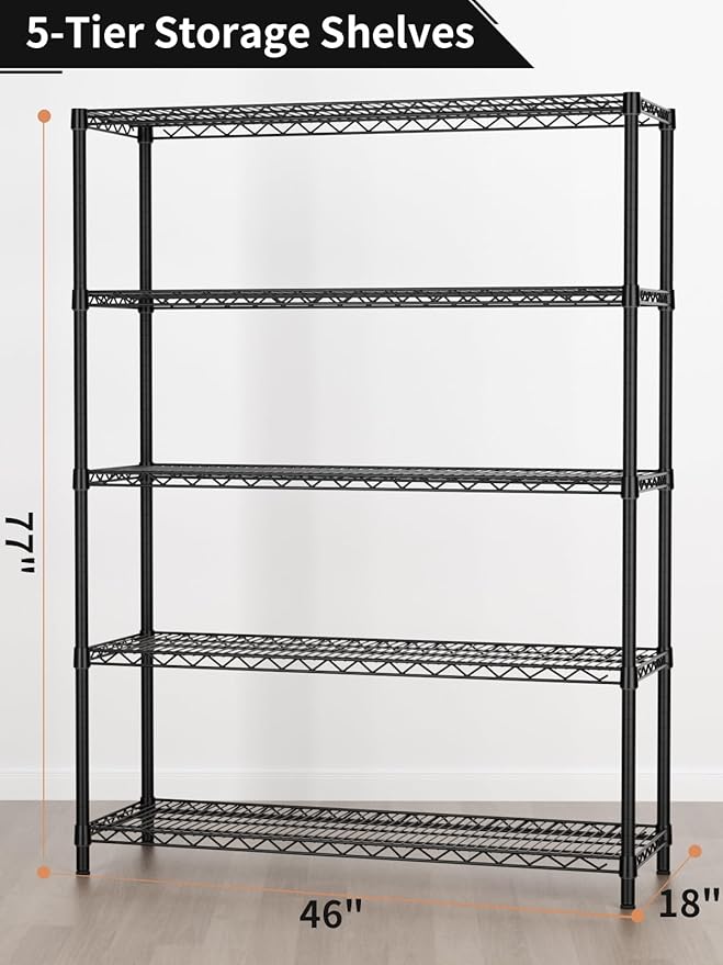 5 Tier Adjustable Storage Shelves Heavy Duty Metal Utility Shelf 1750LBS Capacity Wire Shelving Unit Organizer Rack for Home Kitchen Garage Pantry Room 18" D x 46" W x 77" H Black