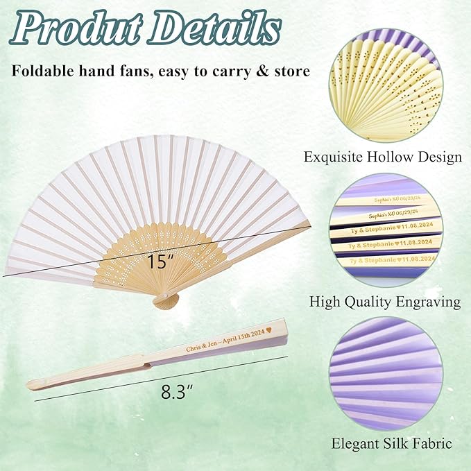 60 Pcs Personalized Purple Wedding Fans for Guests Bulk, Custom Hand Fans Decorative Folding Fans, Wooden Fans Party Favor Birthday Party Supplies Bridal Shower Gifts Baby Shower Favors