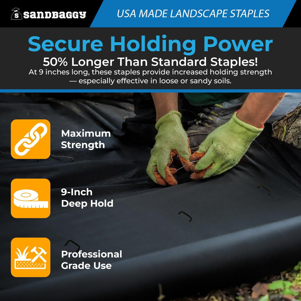 Sandbaggy USA Made 9-inch Landscape Staples - Garden Stakes - Landscaping Fabric, Netting, Sod, Artificial Turf (11 Gauge, 100, Count)