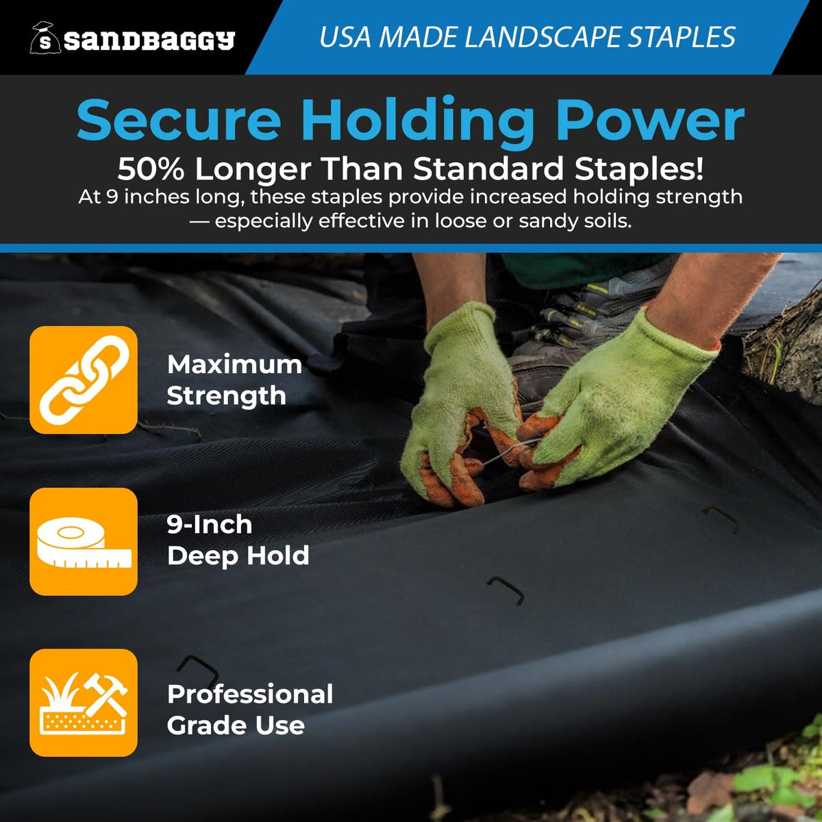 Sandbaggy USA Made 9-inch Landscape Staples - Garden Stakes - Landscaping Fabric, Netting, Sod, Artificial Turf (11 Gauge, 5000, Count)