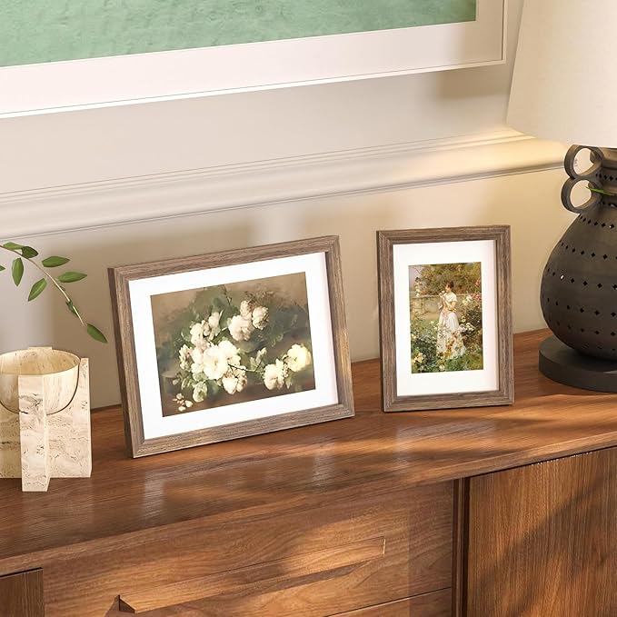 KINLINK A4 Picture Frame, Brown Solid Wood Frames with Acrylic Plexiglass for Pictures A5 with Mat or A4 without Mat, Tabletop and Wall Mounting Display 4 Pack