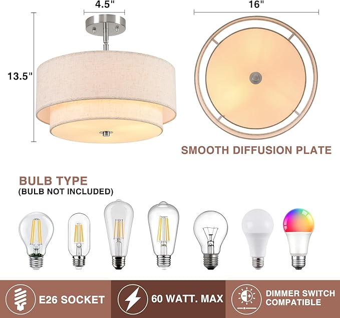 16" Semi Flush Mount Ceiling Light, Brushed Nickel 3 Light Double Drum Fabric Lampshade Lighting Fixtures for Living, Dining Room, Bedroom, Kitchen, Hallway (Canopy for Sloped/Flat Ceiling)