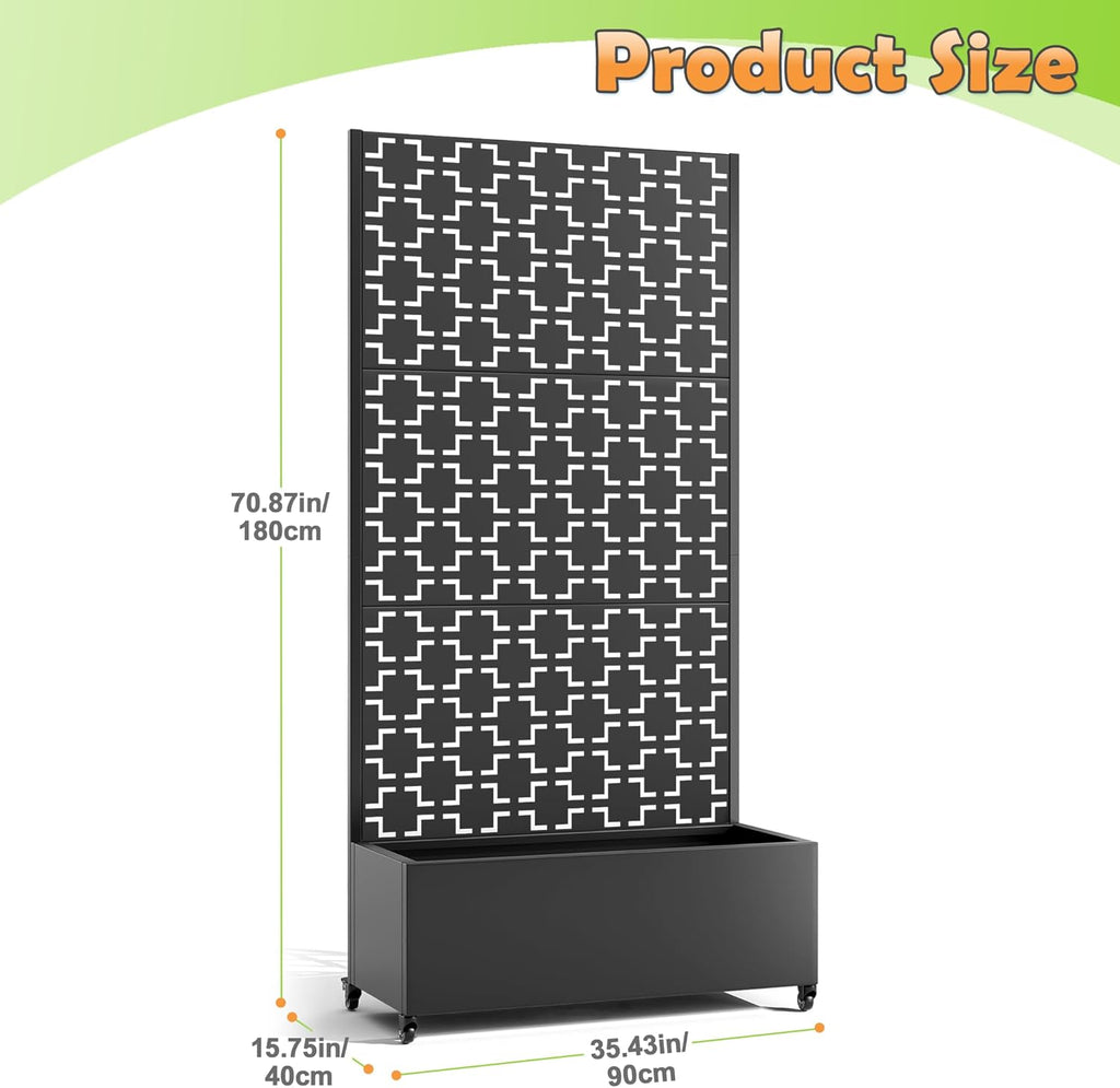 Metal Raised Garden Bed with Trellis, 2-in-1 Planter Box & Privacy Screen for Climbing Plants, Outdoor Standing Flower Bed with Drainage Holes, 35.4" L x 15.7" W x 70.1" H, Black-Square
