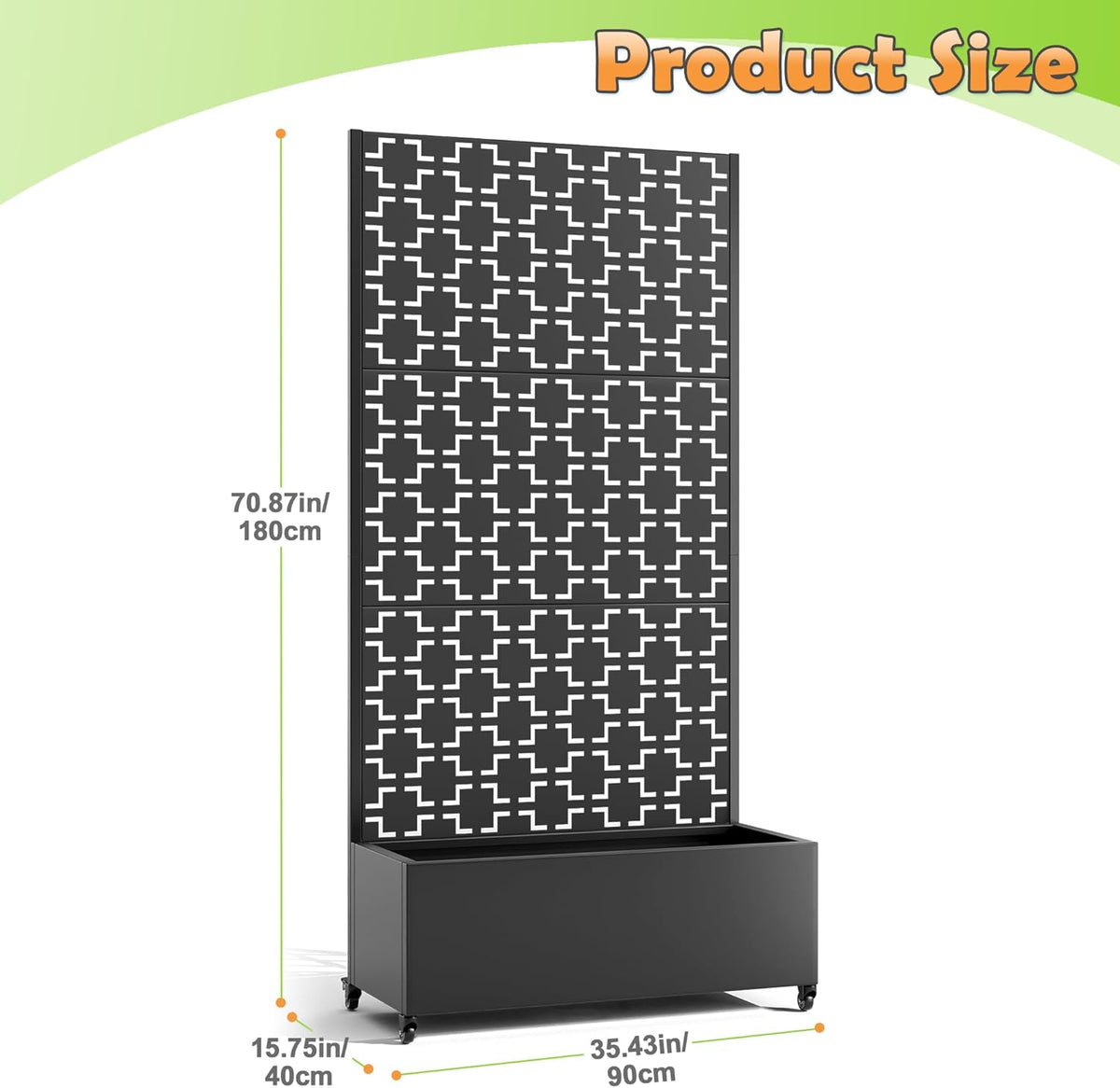 Metal Raised Garden Bed with Trellis, 2-in-1 Planter Box & Privacy Screen for Climbing Plants, Outdoor Standing Flower Bed with Drainage Holes, 35.4" L x 15.7" W x 70.1" H, Black-Square