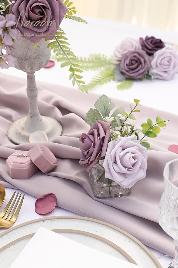 Floroom Artificial Flowers 25pcs Real Looking Plum Ombre Colors Foam Fake Roses with Stems for DIY Wedding Bouquets Bridal Shower Floral Centerpieces Party Tables Home Decorations