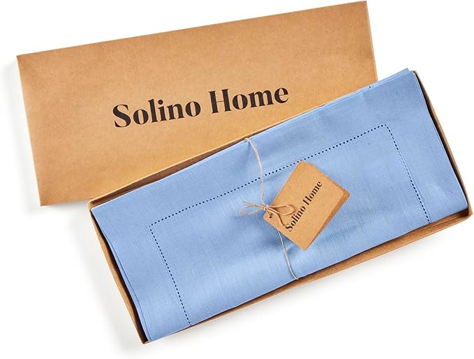 Solino Home Linen Cornflower Blue Hemstitch Table Runner 36 Inches - 100% Pure Linen Small Table Runner 14 x 36 Inch Ideal for Dresser and Coffee Tables - Classic Hemstitch - Christmas, Holiday
