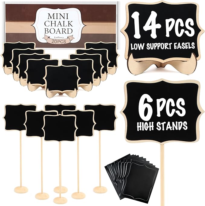 LotFancy 20 Pack Mini Chalkboard Signs with Support Easels and 10 Extra Stickers, Food Labels for Party Buffet Table, Weddings, Table Numbers, Message Board and Event Decorations