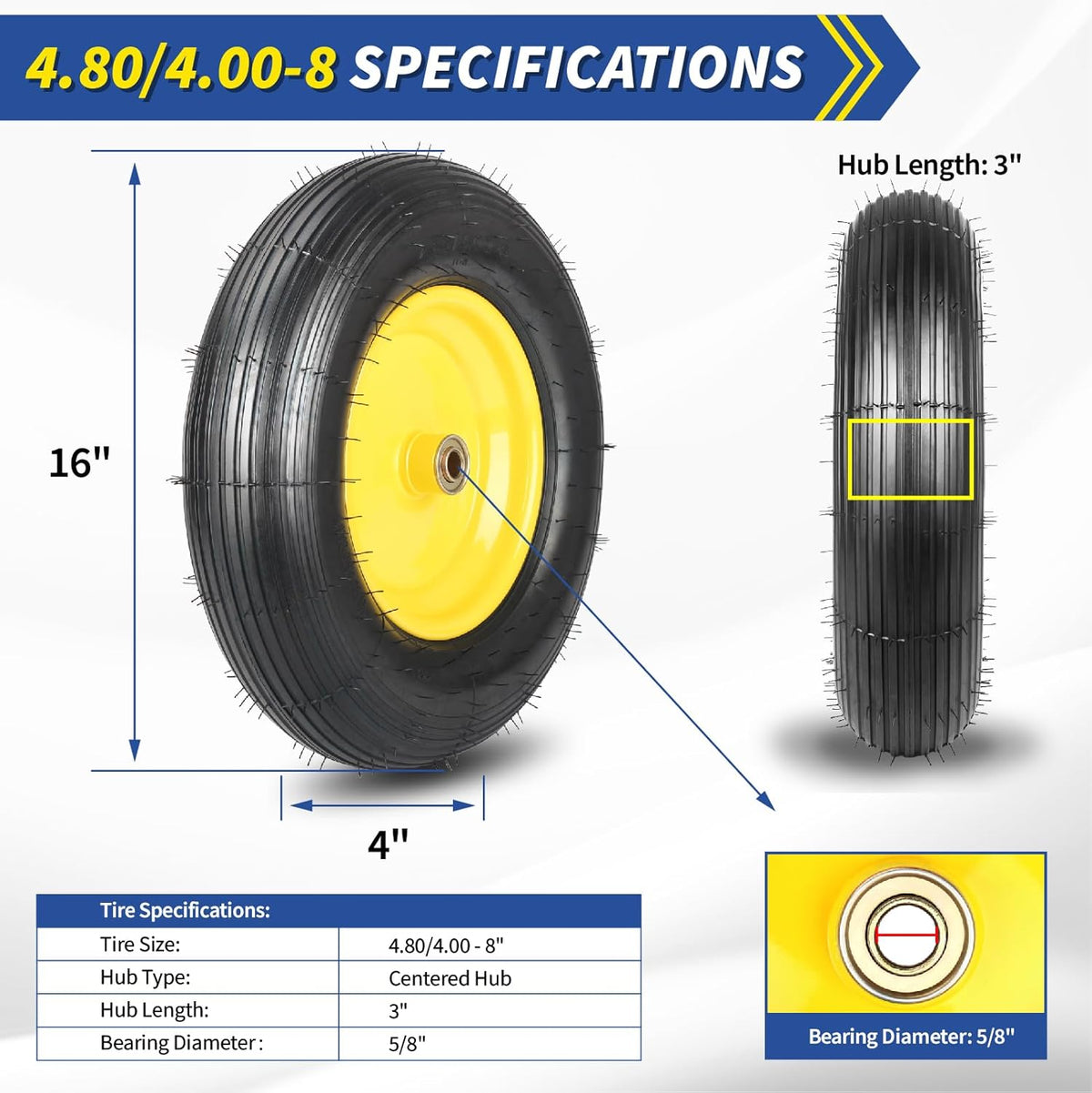 (2 Pack)4.80/4.00-8 Wheelbarrow Tire and Wheel, 16" Rubber Pneumatic Wheel, 3" -6" Centered Hub, 5/8" & 3/4" Bearings, for Hand Truck, Trolley, Garden Cart, Wagons【Explorer Series】