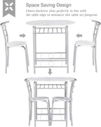 VECELO 3-Piece Dining Table Set for Kitchen Breakfast Nook, Wood Grain Oval Tabletop and Metal Frame with Built-in Wine Rack, for Small Spaces, 31.5", White & Silver