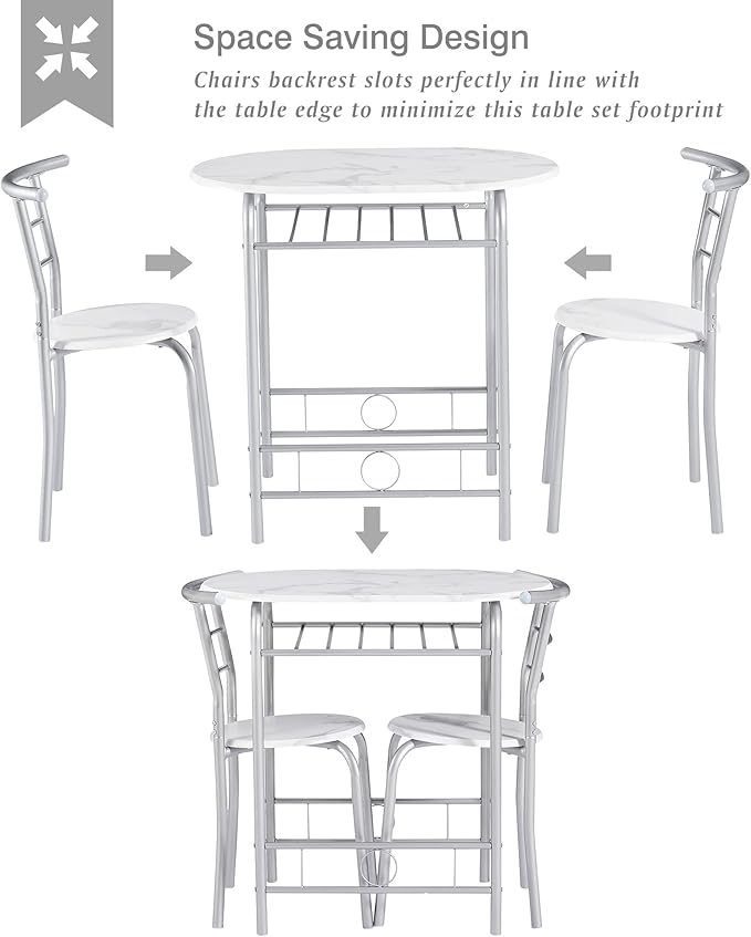 VECELO 3-Piece Dining Table Set for Kitchen Breakfast Nook, Wood Grain Oval Tabletop and Metal Frame with Built-in Wine Rack, for Small Spaces, 31.5", White & Silver