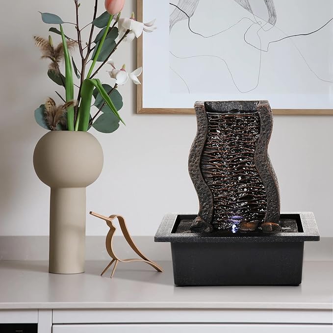 Dyna-Living Water Fountains Indoor Tabletop Water Fountain with LED Lights Feng Shui Waterfall Fountain for Modern Home Decor Office Living Room Decoration