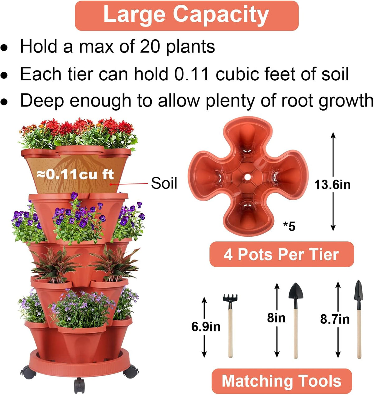Vertical Planter 5 Tier Stackable Planters Garden Planters Strawberry Herb Flower and Vegetable Planter Indoor Outdoor Gardening Pots with Removable Wheels and Tools 2-Pack