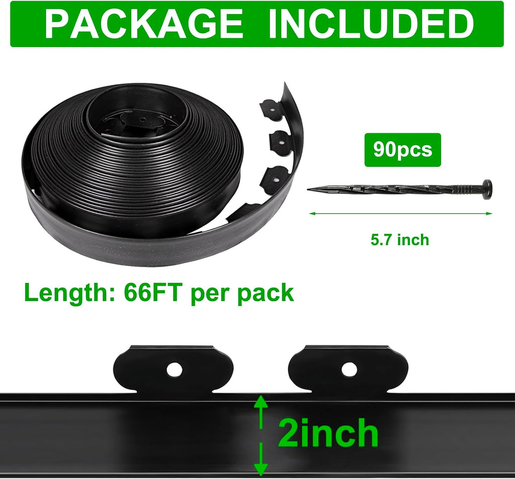 JERIA 2 Inch Tall 66 FT Garden Edging Kit with 90pcs Spikes, Plastic Edging for Landscaping