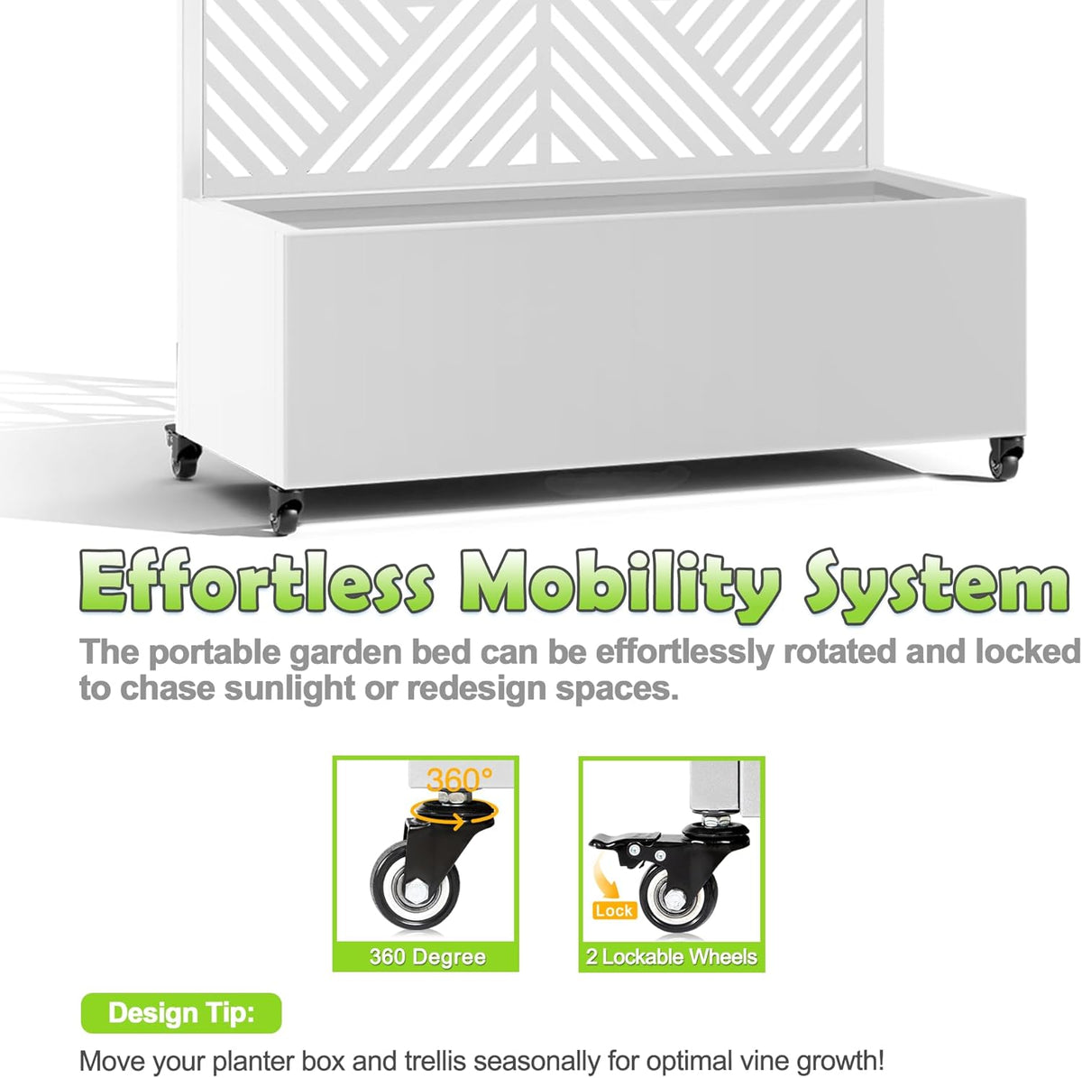 15.7"×70.9"×35.4" Metal Raised Garden Bed with Trellis and Wheels - Tall Trellis Planter Box for Climbing Plants, Vegetables & Vines - Outdoor Privacy Planters for Patio (White-Zodiac)