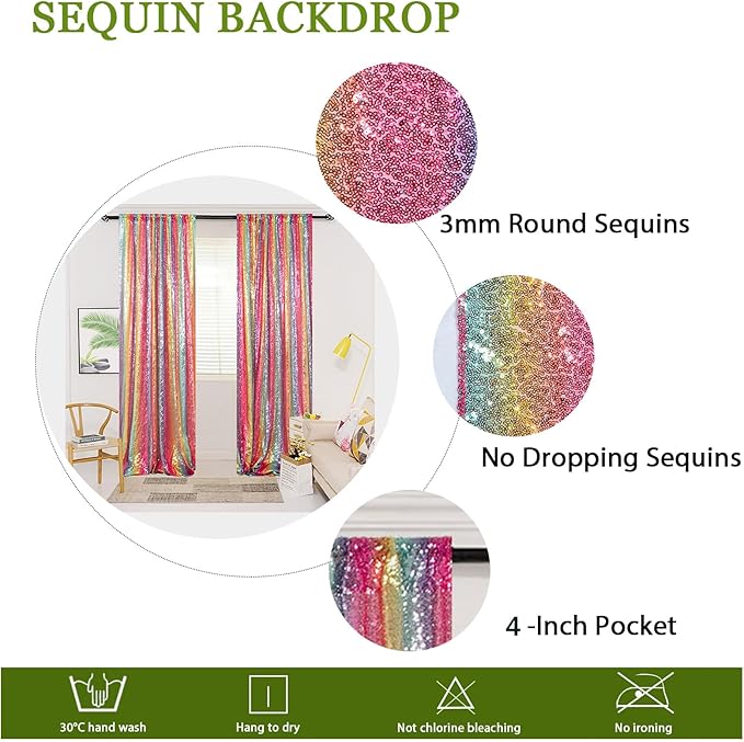 ShinyBeauty 4x10ft Rainbow Sequin Photo Backdrop - Glitter Wall Decor for Wedding, Birthday, Baby Shower - Reusable & Lightweight