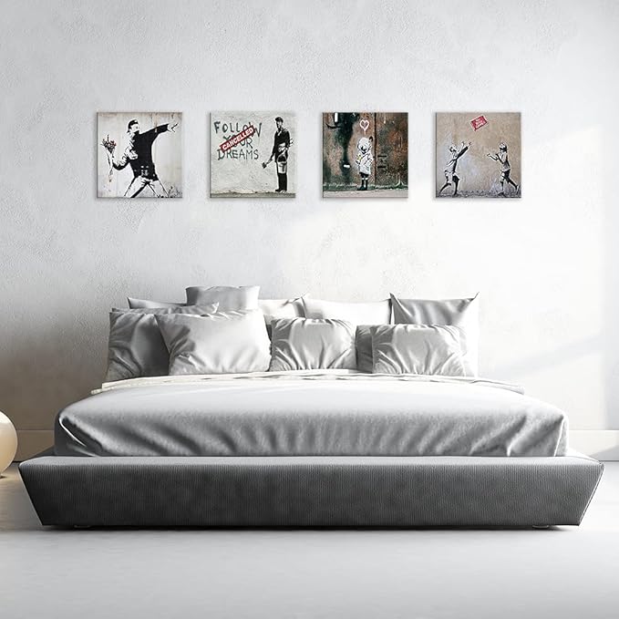 Cortolar Banksy Canvas Wall Art Graffiti Print Picture Abstract Painting for Bedroom Living Room Bathroom Wall Decor (12"x12"x4-B)