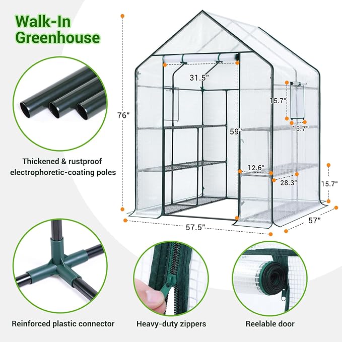 Ohuhu Greenhouse for Outdoors: 3 Tiers 12 Shelves Walk-in Indoor Green House Heavy Duty Plant Stands Reinforced Plastic PE Cover Mini Portable Warm House for Outside, 4.8x2.5x6.4 FT