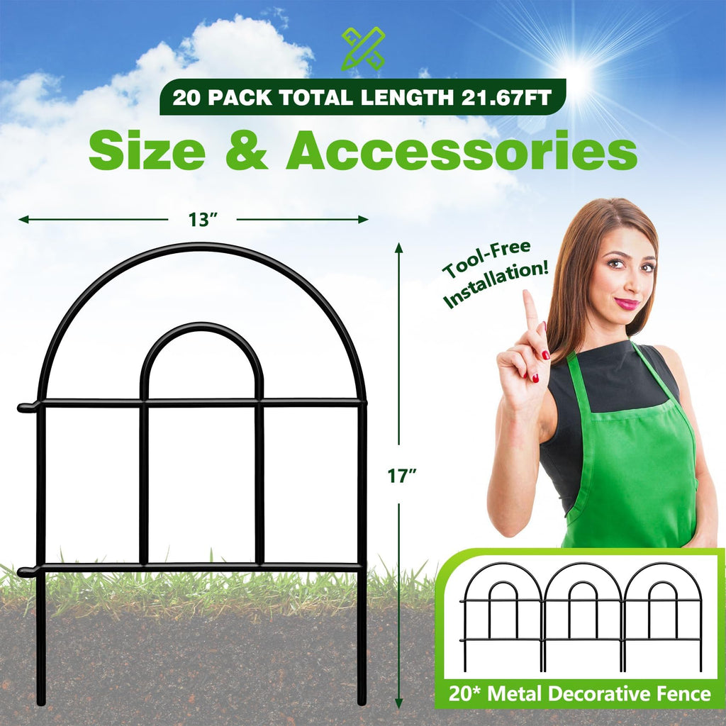 Decorative Garden Fence, 21.67ft(L) x 17in(H) Metal Fencing, 20 Pack, Black, Classic Style, Animal Barrier, Garden Border