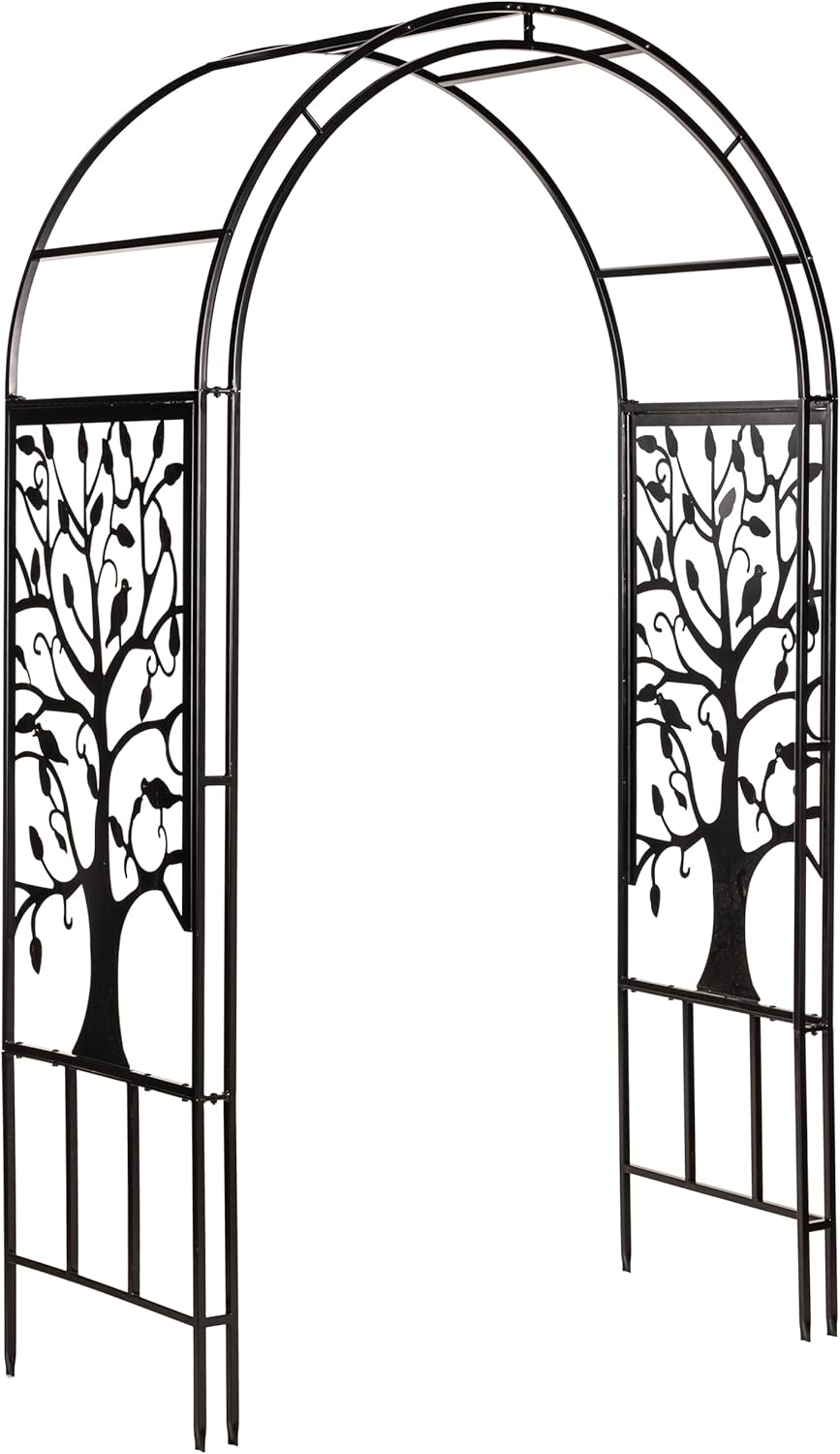 Evergreen Plow & Hearth Tree of Life Garden Arbor - 7 Feet Tall | Slim Metal Arch with Iron Trellis for Climbing Plants | Elegant Wedding Arbor | Outdoor Patio & Garden Decor