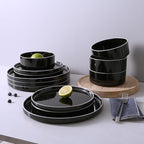 Famiware Nebula Plates and Bowls Set, 24 Pieces Dinnerware Sets, Dishes Set for 8, Black with White Rim