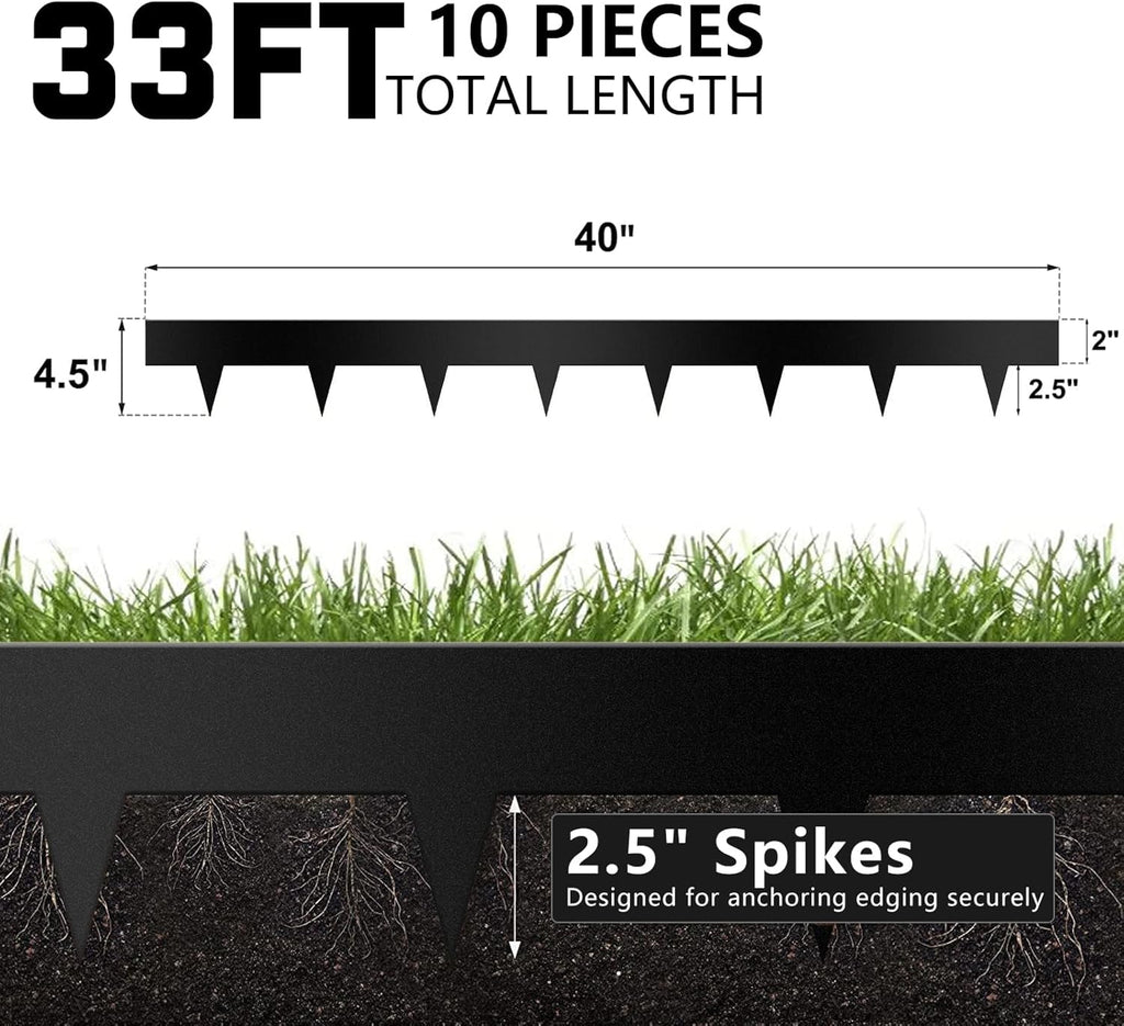 Worth Garden 10-Pack Galvanized Steel Landscape Lawn Edging - 4.5in H Black Powder Coated Bendable Metal Strips - Hammer-in Edging Border w/ 11 Clips - Yard Pathway Divider (33Ft Total)