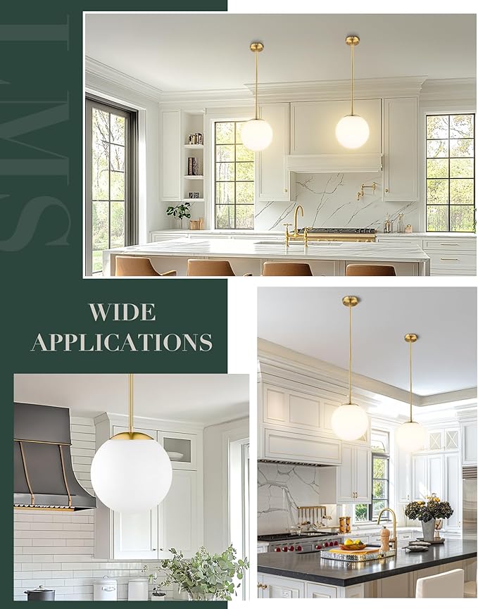 LMS 10 Inch Globe Pendant Lights, Brushed Gold Mid Century Kitchen Island Light Fixtures with White Globe Glass Shade, Adjustable Hanging Rod, Dining Room Kitchen, LMS-186PL-BGW-10