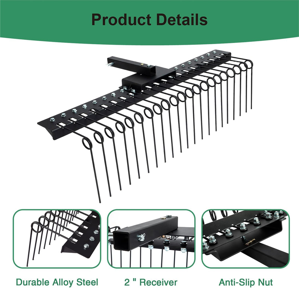 5FT Durable Pine Straw Rake Steel Spring Landscape Rake Fits 2" Receiver for Lawn Tractors or ATV/UTV，Black
