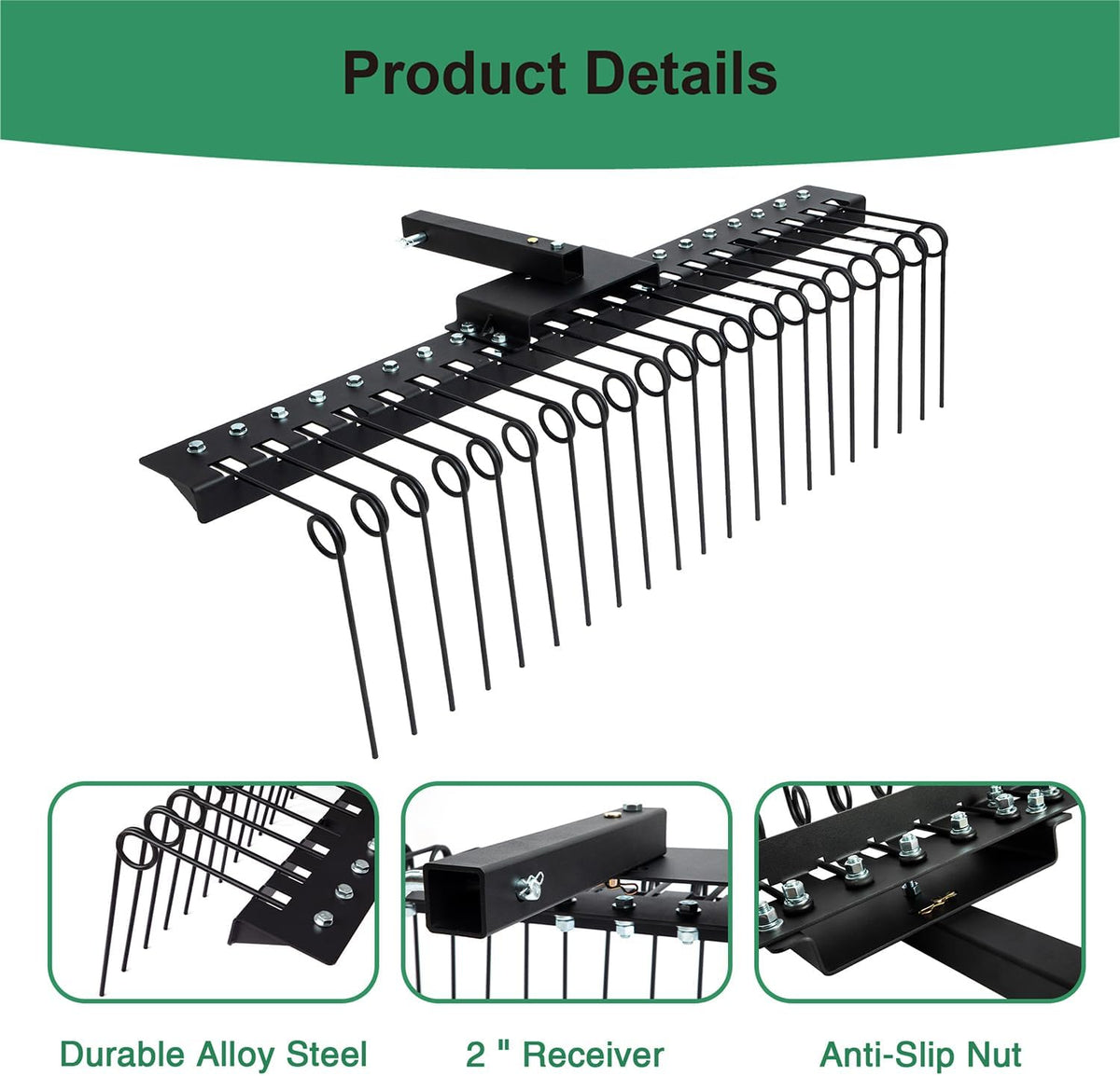 5FT Durable Pine Straw Rake Steel Spring Landscape Rake Fits 2" Receiver for Lawn Tractors or ATV/UTV，Black