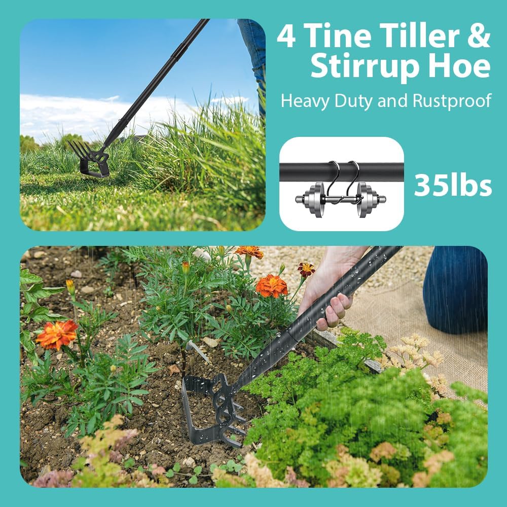 Upgraded Hula Hoe and Garden Hoe, Stirrup Hoe with Adjustable Handle for Weeding Digger loosening Soil Metal Garden Cultivator Hula Hoe with Rake Tiller Cultivator (30-73 Inch)