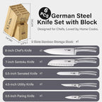 Cooks Standard Kitchen Knife Set with Block 6-Piece, Stainless Steel Forge High Carbon German Blade with Expandable Bamboo Storage Block for Extra Slots, Silver