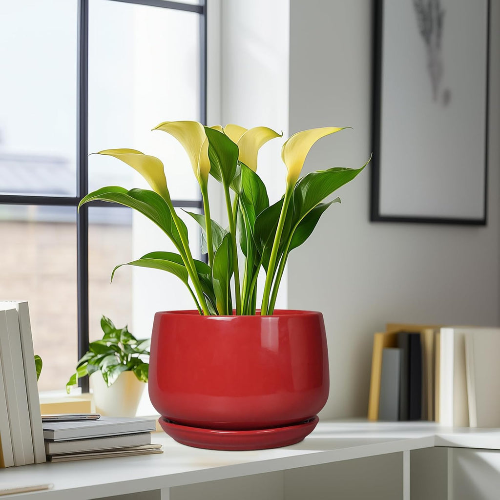 G EPGardening Ceramic Plant Pots - 9 Inch Flower pots for Indoor Outdoor Plant, Round Planter with Drainage and Saucer, Modern Home Decor, Gift for Women Men, Red