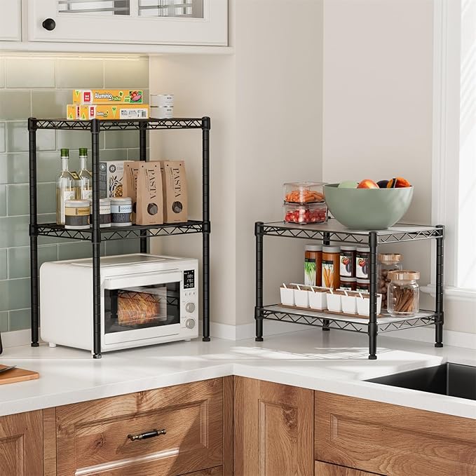 Small 2 Tier Shelves Storage Wire Shelving Unit Metal Shelf Adjustable Organizers Storage Shelving with Wheels for Bathroom Laundry Room Kitchen Pantry12”D x 18”W x 12.2”H Black