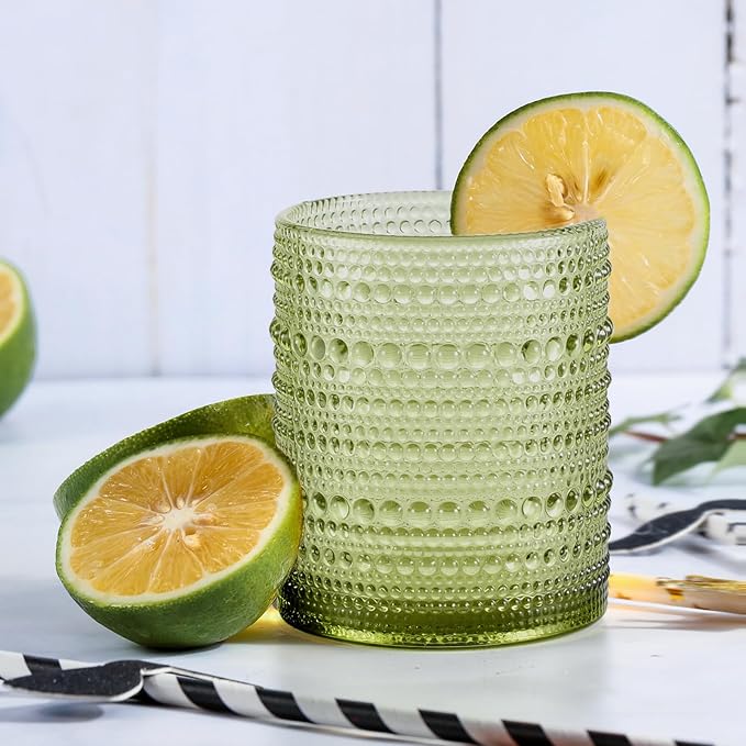 Hobnail Drinking Glasses Set of 6, Vintage Colored Glassware 11oz, Beverage Glass Cups for Water, Juice, Cocktail (Green)