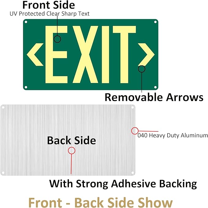 3Pack Photoluminescent Exit Sign Green - 14.25"x 7.5" Aluminum - Adhesive Backing- Includes 6pcs Removable Arrows - Glow In The Dark Exit Signs